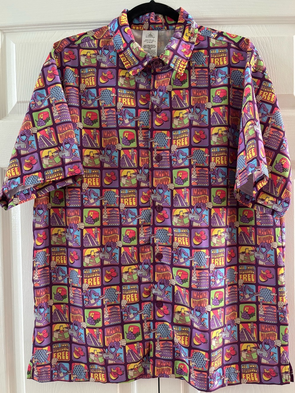 Disney Epcot Button Up Short Sleeve Shirt, Figment/Food & Wine Fest, Mens Size L